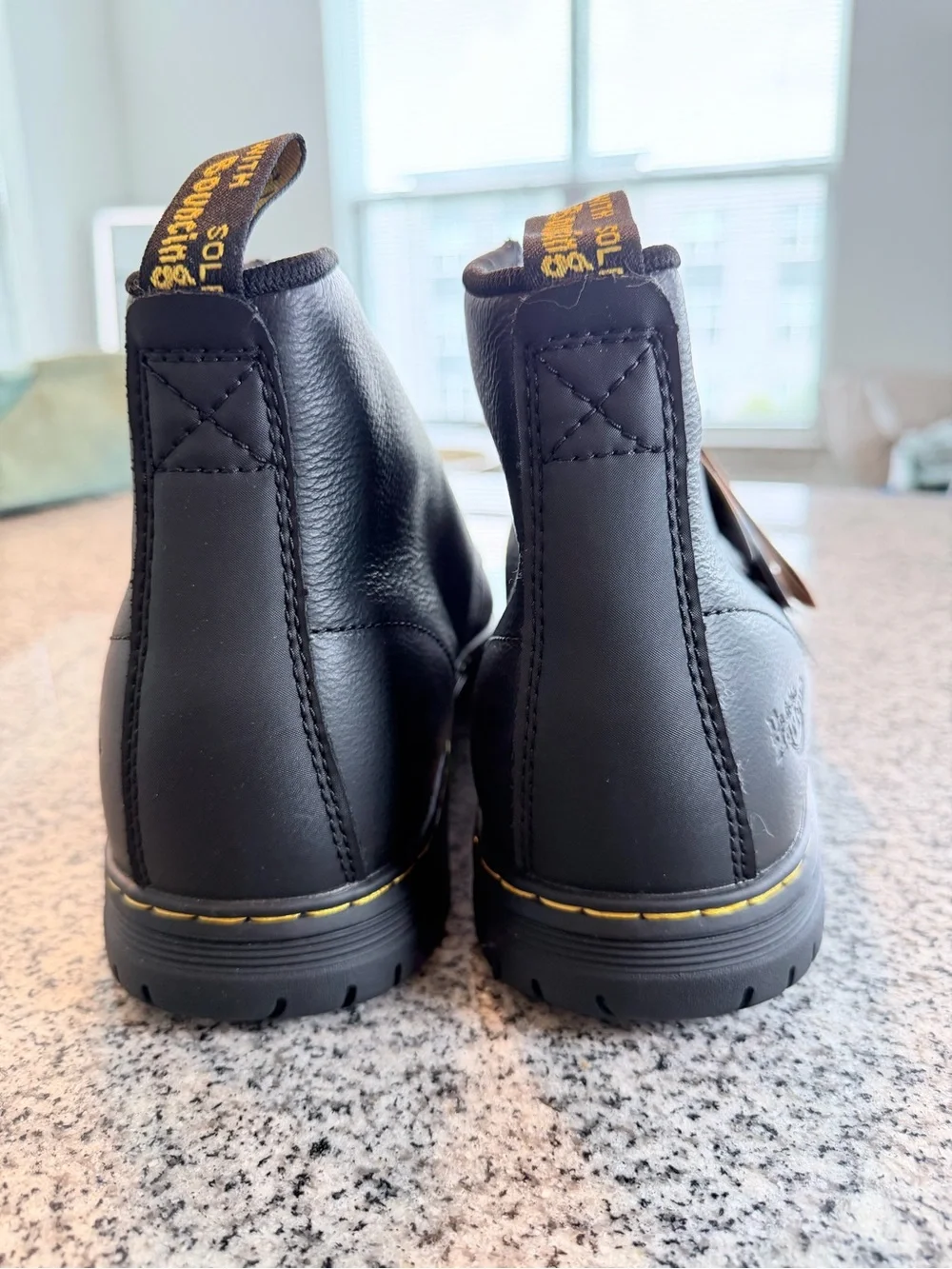 Dr. Martens Black Leather Lace-Up Ankle Boots with Yellow Stitching